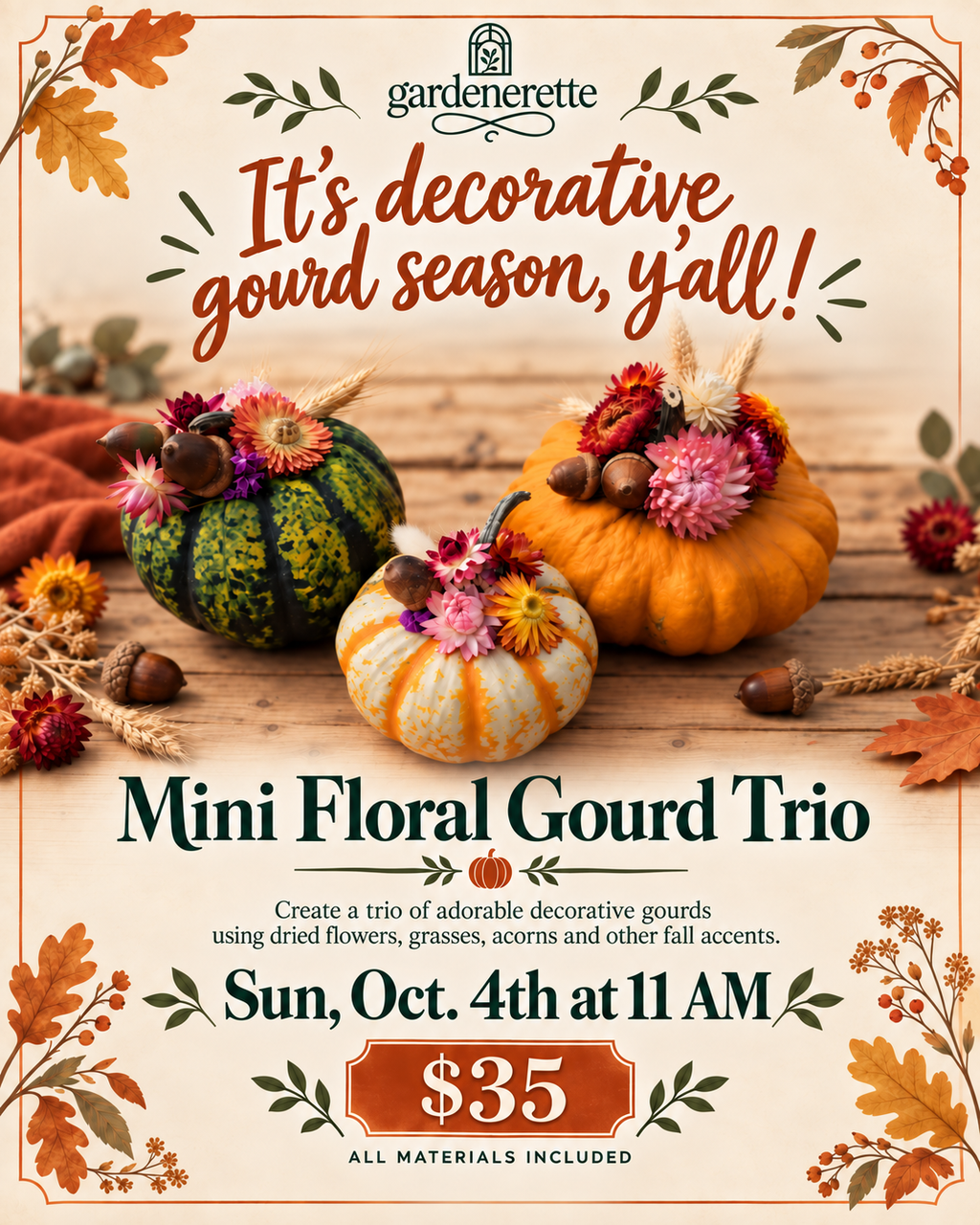Mini Floral Gourd Trio workshop flyer showing three decorated gourds with dried flowers and fall accents